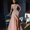 Off Shoulder Elegant Long Prom Dresses Full Beaded For Arabic Women Sexy Front Split Formal Evening Pageant Gowns Robe De Soiree mal