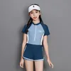 Girl One Piece Swimsuit Short Sleeve Pink Blue Solid 916 Years Teenager Girls Student Children Swimwear Beach Wear 240416