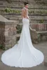 Boho Garden Mermaid Wedding Dresses Gorgeous Beading Pearls High Halning med Applique Lace Bridal Clows Court Train Slim Fit Backless Bride Robes de Mariee CL2965