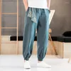 Calça masculina em estilo chinês algodão e linho casual retro jeans skinny bordado