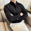 Men's Casual Shirts High-Grade Sexy V-neck Shirt Mens Long-Sleeved Design Sense Collarless Seamless Stand-up Collar White 24416