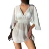 Lässige Kleider Strandrock V-Ausschnitt Bikini Kurzer Rückstand langärmliger Vertogung für Frauen Mode Sommerkleid