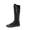 Повседневная обувь 2024 Корейская версия Long Boot Front Lace Up Side Wome Zipper Женщины увеличивают внутреннюю высокую модную цепь Canvas 42 43