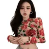 Koszulki damskie kobiety z długim rękawem Turtleeck Sheer Mesh T-Shirt Flower Bodycon Crop Top