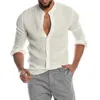 Men's Casual Shirts Mens Cuban Guayabera Linen Single Breasted Long Sleeve Shirt for Men Stand Collar Soild Tops 240416