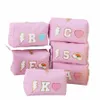 waterproof Travel Persalized Inital Cute Preppy Makeup Cosmetic Bag for Women Girls Gift With Chenille Letter Heart Patch 87oz#