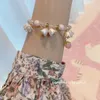 Link Bracelets Pink Gradient Color Lily Of The Valley Pendant Elastic Bracelet Women Girls Spring Summer Fashion Tulip Flower Beaded