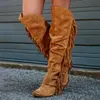 Kahverengi haki gri botlar tıknaz yüksek topuk ayakkabı kadınlar için retro saçak squre topuk diz fermuar botas zapatos para mujeres 240411