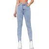 2024 Vår/sommar Ny ljusfärg Hög midja jeans Designkänsla Vattentvätt Kontrast Små fotpennor Elastiska byxor