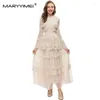 Vestidos casuais Maryyimei 2024 Moda AUTUM FLARE DRESS DO BODADO HOLO TOLO CAMADO RUFLE ELEGANTE MESH LONGO