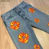 Pantalon masculin 2024 New Harajuku Flame Kapok Print Jeans American Mens and Womens High Street Loose Straight Panters Y2K Mens Jeans Q240417