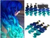 Dark Root 1B Blue Green Ombre 13x4 Spetsens frontal stängning med väver Body Wave Virgin Peruvian Three Tone Ombre Human Hair Bundles 4783505