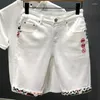 Men's Shorts Fashion White Blue Summer Quality Jeans Stitching Black Denim Knee-length High Ripped Retro Embroidery