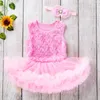 Vestidos de menina nascida menina meninas aniversário tutu vestido rosa macacão bodysuits renda saia macacões sem mangas com fita de cabeça