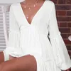 Casual Dresses 2024 Autumn White for Women Deep V Neck Long Sleeve Ruffled Party A Line Dress Plus Size Lose Boho Holiday Robe