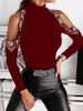 Women's T Shirts Fashion Spring And Autumn Stand Collar Solid Color Sexy Rhinestone Off-Shoulder Long Sleeve T-shirt Bottoming