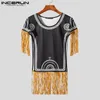 Men's T Shirts INCERUN Tops 2024 American Style Tassel Embroidery Short Camisole T-shirts Ethnic Male Printed Pattern Camiseta