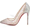 designer shoes See Through Silver Bling Fashion Women's Red Bottoms High Heel Pumps Summer Rhinestones Party Wedding Stiletto Thin Heels Net Crystals Pointed Toe