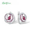 Sırtlar Küpe Santuzza Pure 925 STERLING Gümüş Kadınlar Yaratan Ruby White Cz Zarif Kırmızı Çember Partisi Düğün Güzel Takı