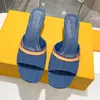 Denim print slipper hoge hiel muilezel slippers lichtblauwe sandel topkwaliteit lederen dia's schoenen vrouwen zomer strandschoenen brief geborduurde gestreepte slip-on schoenen