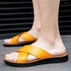 Slippers Leather For Men 2024 Beach Summer Shoes High Quality Big Size 38-47 Slip On Light Flats Male Flip Flops