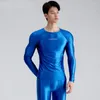 Men's Swimwear Sexy Satin Glossy Men Top Round Neck Tight Fitting Long Sleeved T-shirt For Sports Fitness Running Spandex Shirts Tops