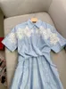 Spring Summer Blue Striped Print Panelled Lace Cotton Dress Short Sleeve Lapel Neck Midi Casual Dresses W4A164283