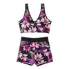 Women's Swimwear Floral Leaf Print V Neck High Stretch 2 Piece Tankini Push Up Tropical Tank Top & Waist Junior Bathing Suits Shorts