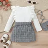 Clothing Sets 3-7years Toddler Girls Spring Autumn Outfit Solid Color Long Sleeve Ruffle Tops Plaid Skirt With Belt Bag Kids Suit
