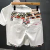 Herr shorts mode vit blå sommarkvalitet jeans sömmar svart denim knälängd hög rippad retro broderi