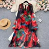 Casual jurken Elegant zomervakantie strand lange jurk boho vrouwen sexy v nek stropdas kleurstof bloem print chiffon lantaarh mouw split maxi gewaad