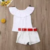 Kläderuppsättningar 1-7 år Kidflickor Summer Outfits Off Shoulder Floral Embrodery T-Shirt Topps Belted Shorts 2pcs Clothes Set