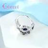 Cluster Rings Fashion Jewelry Inlaid Square&Heart Blue Crystal 925 Sterling Silver Ring For Women Girls Engarve Flower Skull Shape