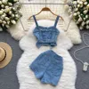 AMOLAPHA Womens Summer Holiday Beach Style 2PCS Sets Spaghetti Pasek Dżins Topshigh Talia Dżinsy Suits 240411