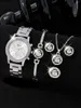 Нарученные часы 5 шт. Установите серебряные роскошные часы для женщин кольцо с серьгами -колень
