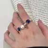 Ringos de cluster 925 Sterling Silver Gold Color Pearl Blue Zircon Ring For Women Girl Gift Retro Versátil Personalidade Jóias