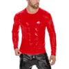 Magliette da uomo maglietta in pelle PVC lucida manica lunghe plus size magliette maschile wetlook lattice a forma di cerniera casual con cerniera accanto