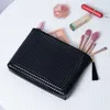 Cosmetic Bags Diamond Pattern Black Leather Makeup Pouch With Tassel Zipper - Large Capacity