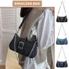 Hobo Women Denim Shoulder Bag Buckle Decor Underarm Fashion Zipper Tote Casual Evening Satchel