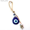 Keychains Lonyards Round Blue Eye Hamsa Hand Keychain Keyring For Men Women Drop Drop Unique Vintage Fatima Hand Evil Eye Bag Bijoux Y240417