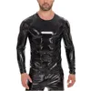 Magliette da uomo maglietta in pelle PVC lucida manica lunghe plus size magliette maschile wetlook lattice a forma di cerniera casual con cerniera accanto