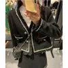 Vintage Tassel Tweed Black Jacket For Women Korean Fashion V-neck Single Breasted Plus Size Long Sleeve Coat Elegant Casual Tops 240417