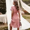 Vestidos informales Summer Manga corta Vestido Midi Mujeres 2024 Volcos de cuello Virado V LA A-LINE FEMME BOHO VESTIDOS Holiday Vestidos