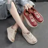 Dress Shoes Top Layer Cow Leather Thick Sole Lace Up Single Shoe Low Casual Sports Board Women's Genuine Red Bread