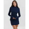 Robes décontractées de base mozision bleu foncé deux poche y mini robe pour femmes 2023 automne à manches longues club bodycon club élégant dr dhpxw