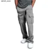 Calças masculinas calças esportivas, adequadas para corredores retos em esportes e roupas de rua de calças de cordão de grandes dimensões, calças de bolso multi -bolso Q240417
