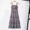 Casual Dresses Loose Cut Midi Dress Women Embroidered Lobster Plaid For Summer Vacation A-line Style With Square