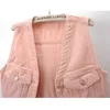 女性用タンク2024夏の薄いファッションピンクデニムベスト女性チョットコートノースリーブジャケットコートvネックポケットスリムショートジーンズトップ