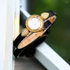 Wristwatches High Quality 2024 Genuine Leather Diamonds Luxury Women Watch Quartz Vintage Copper Gold Dial Lady Bracelet Christmas