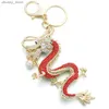 Keychains Lanyards Dalaful Rhinestone Dragon Key Rings Holder Simuleerde Pearl Crystal Animal Keychains voor autokharings tas Charms K341D Y240417